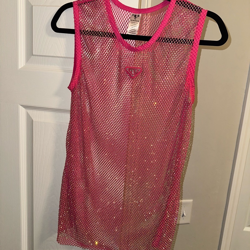 Pink Mesh rhinestone tank top - Picture 4 of 5